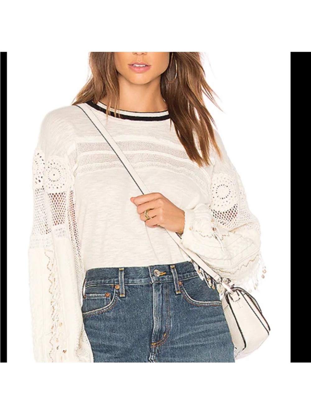 Free People White Crochet Sleeve Crew Neck Sweater